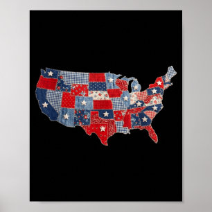 Poster Mapa patriótico retrô dos EUA patchwork vintage Am