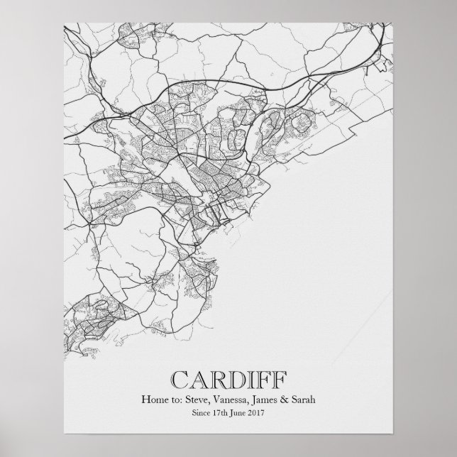 Poster Mapa Personalizado da Cidade de Cardiff Wales (Frente)