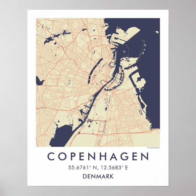 Poster Mapa Personalizado da Cidade de Copenhague Dinamar (Frente)