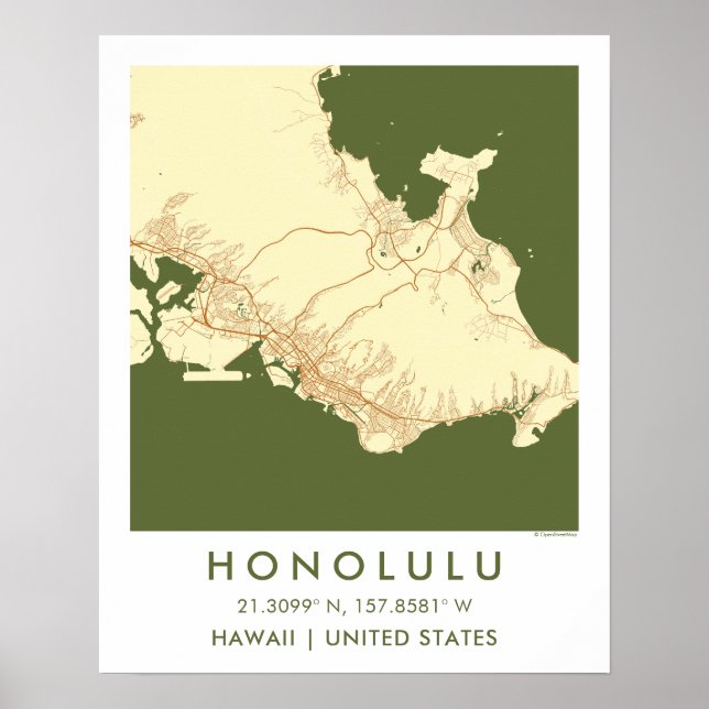 Poster Mapa Personalizado da Cidade de Honolulu Havaí Art (Frente)