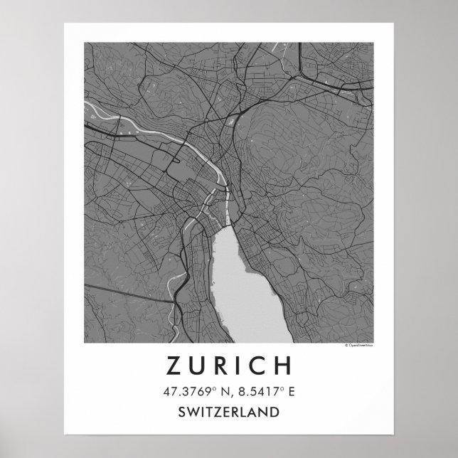 Poster Mapa Personalizado da Cidade de Zurique Suíça Arte (Frente)
