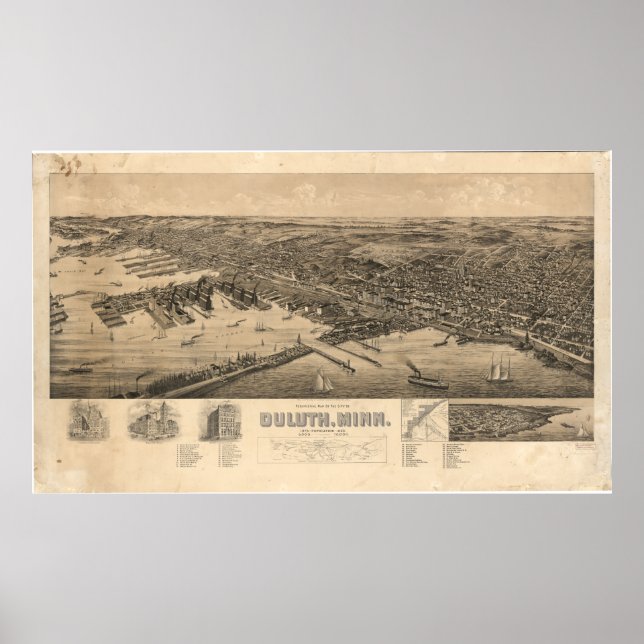 Pôster Mapa Perspectivo de Duluth Minnesota (1893) (Frente)