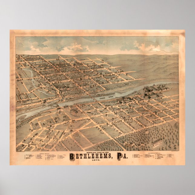 Poster Mapa Pictórico de Bethlehem PA (1878) (Frente)
