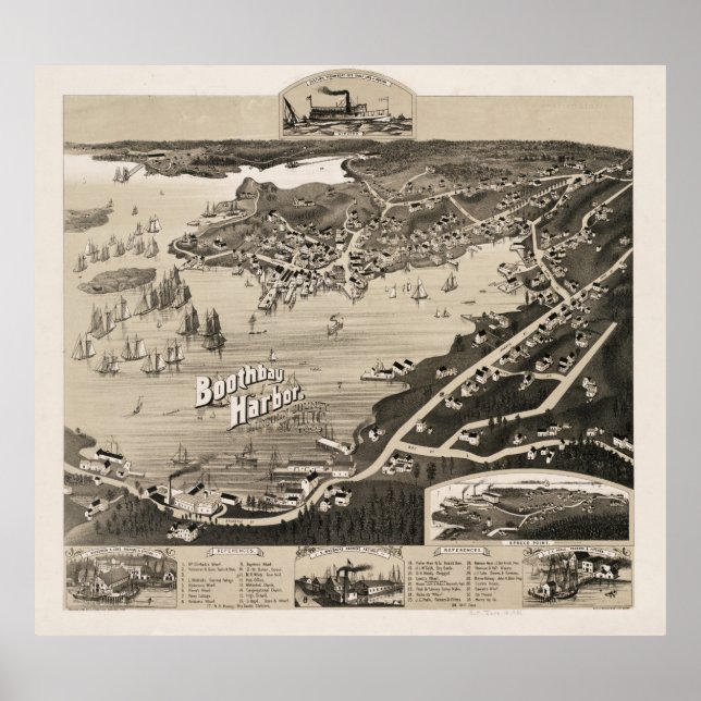 Poster Mapa Pictórico de Boothbay Harbor ME (1885) (Frente)
