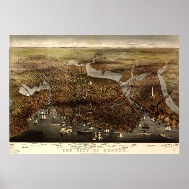 Pôster Mapa Pictórico de Boston (1873) (Frente)
