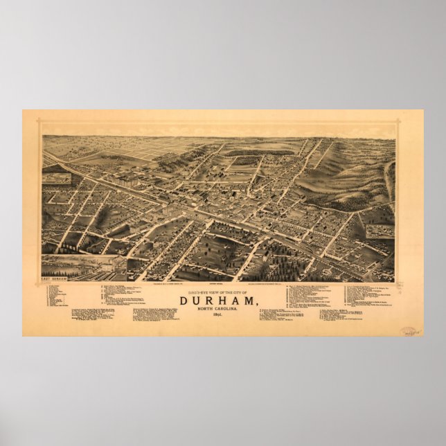 Pôster Mapa Pictórico de Durham NC (1891) (Frente)
