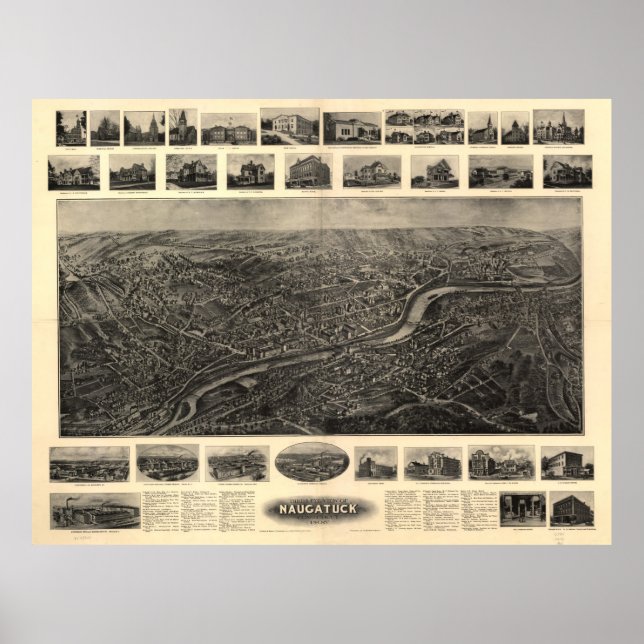 Poster Mapa Pictórico de Naugatuck CT (1906) (Frente)