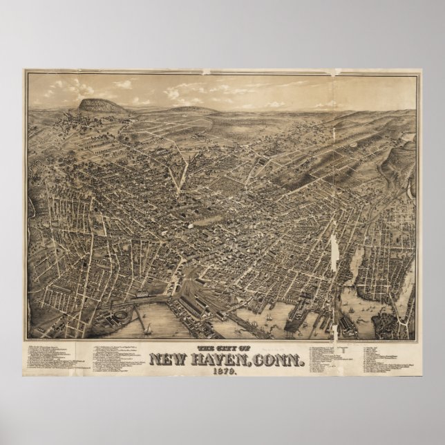 Pôster Mapa Pictórico de New Haven CT (1879) (Frente)