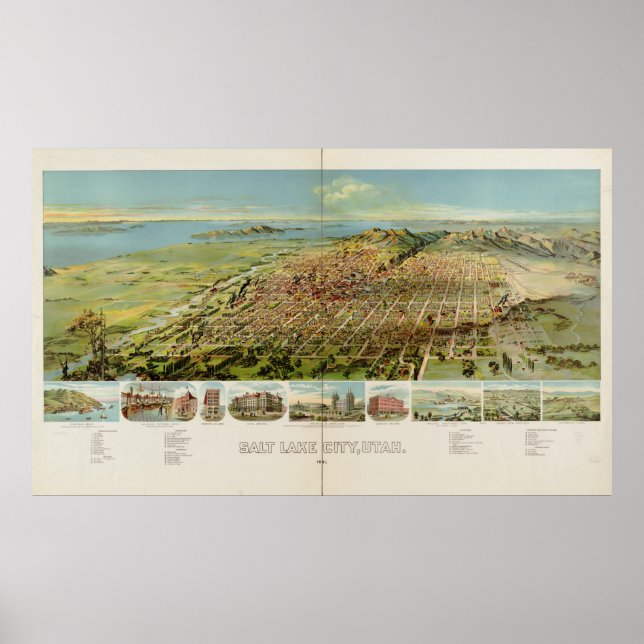 Pôster Mapa Pictórico de Salt Lake City (1891) (Frente)