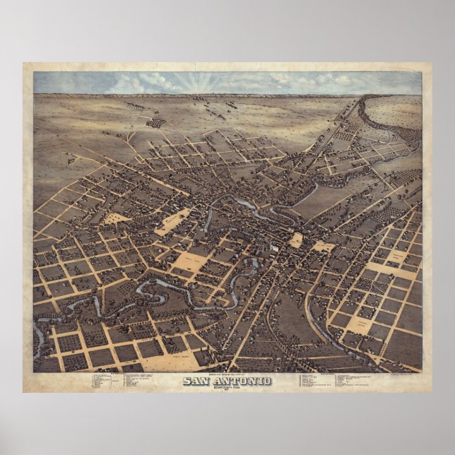 Pôster Mapa pictórico de San Antonio TX (1873) (Frente)