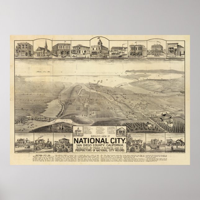 Poster Mapa Pictórico de San Deigo CA (1887) (Frente)