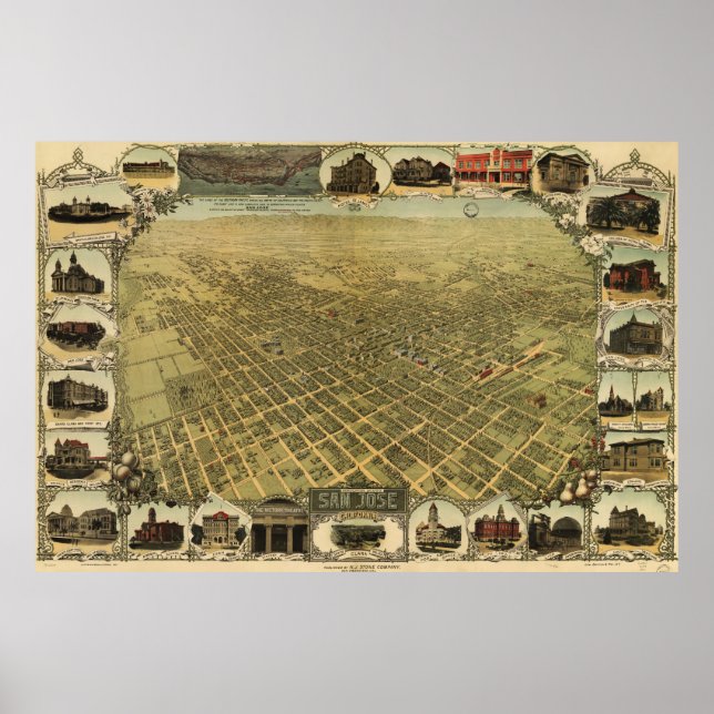 Pôster Mapa Pictórico de San Jose CA (1901) (Frente)