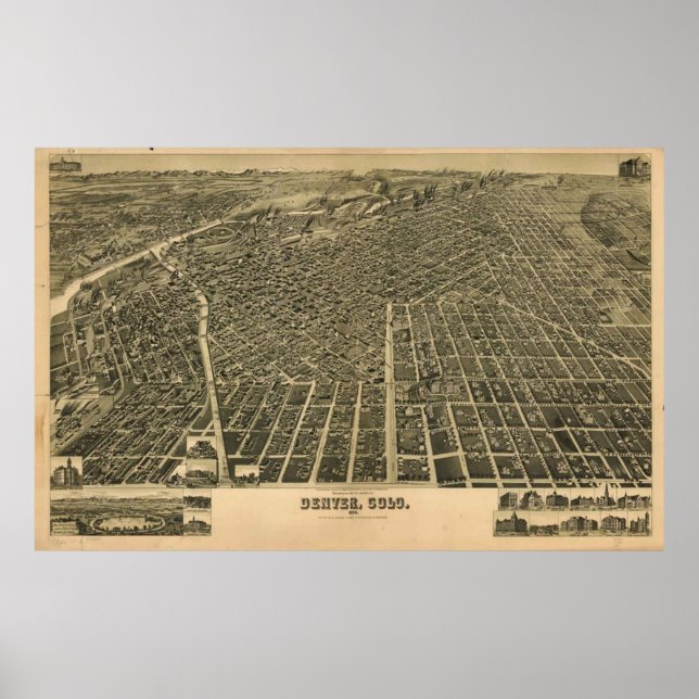 Pôster Mapa Pictórico de Vintage de Denver CO (1889) (Frente)