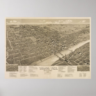 Pôster Mapa Pictórico de Vintage de Waco Texas (1886)
