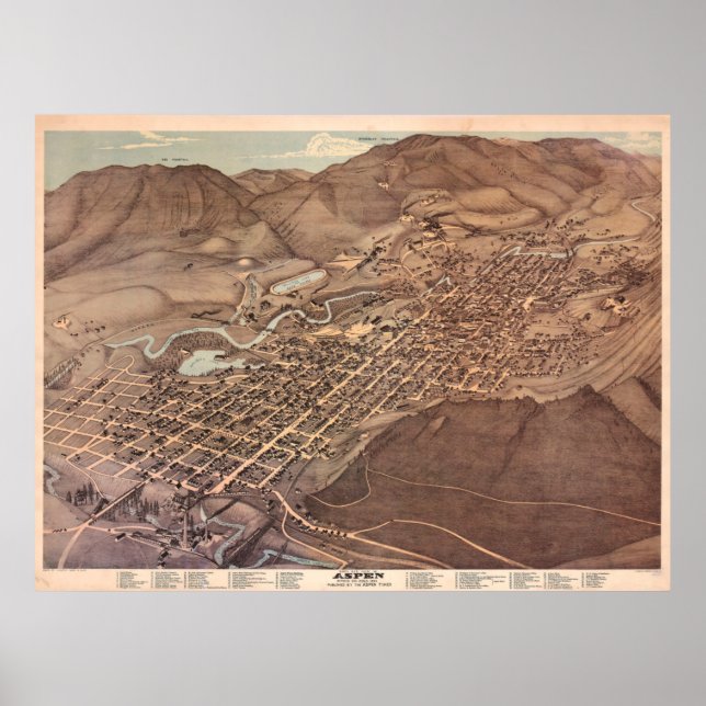 Poster Mapa Pictórico de Vintage do Aspen CO (1893) (Frente)