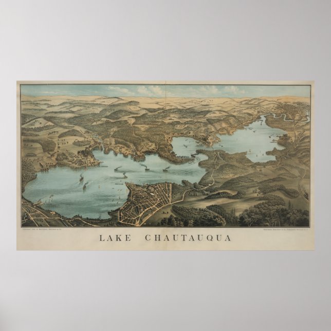 Poster Mapa Pictórico do Lago Chautauqua NY (1885) (Frente)