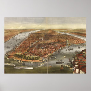 Poster Mapa pictórico do vintage da Nova Iorque (1870)