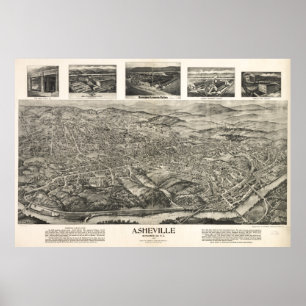 Poster Mapa pictórico do vintage de Asheville NC (1912)
