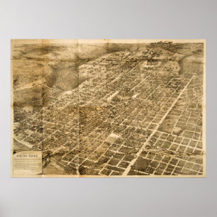Poster Mapa pictórico do vintage de Austin Texas (1890)