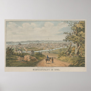 Poster Mapa pictórico do vintage de Cincinnati OH (1841)