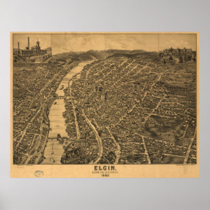 Pôster Mapa pictórico do vintage de Elgin Illinois (1880