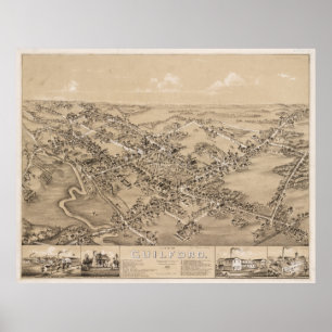 Poster Mapa pictórico do vintage de Guilford CT (1881)