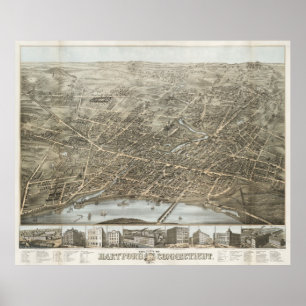 Poster Mapa pictórico do vintage de Hartford CT (1877)