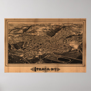 Pôster Mapa pictórico do vintage de Ithaca New York