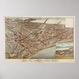 Poster Mapa pictórico do vintage de Kansas City MO (1895