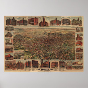 Poster Mapa pictórico do vintage de Los Angeles (1891)