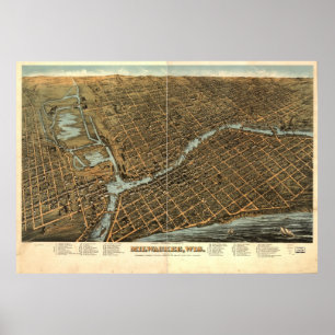 Pôster Mapa pictórico do vintage de Milwaukee (1872)