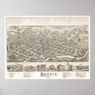 Pôster Mapa pictórico do vintage de Muncie Indiana (1884