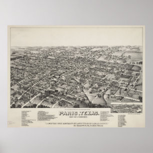 Pôster Mapa pictórico do vintage de Paris Texas (1885)