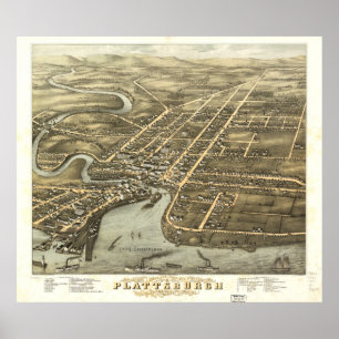 Poster Mapa pictórico do vintage de Plattsburgh NY (1877