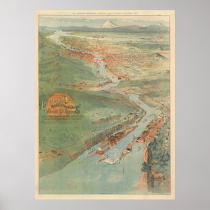 Poster Mapa pictórico do vintage de Portland OU (1896)