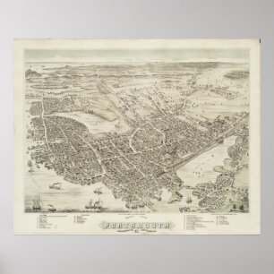 Pôster Mapa pictórico do vintage de Portsmouth NH (1877)