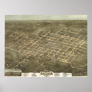Pôster Mapa pictórico do vintage de Raleigh NC (1872)