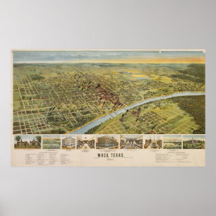 Pôster Mapa pictórico do vintage de Waco Texas (1892)