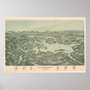 Pôster Mapa pictórico do vintage do lago Winnipesaukee