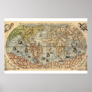 Poster Mapa pictórico mundial antigo 1565 Ferando Bertel