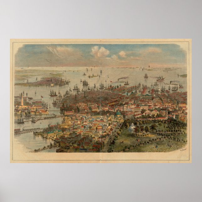 Poster Mapa Pictórico Vintage das MÃES de Boston (1866) (Frente)