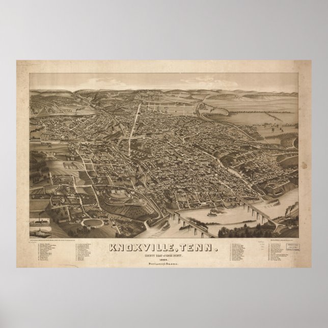 Poster Mapa Pictórico Vintage de Knoxville (1886) (Frente)