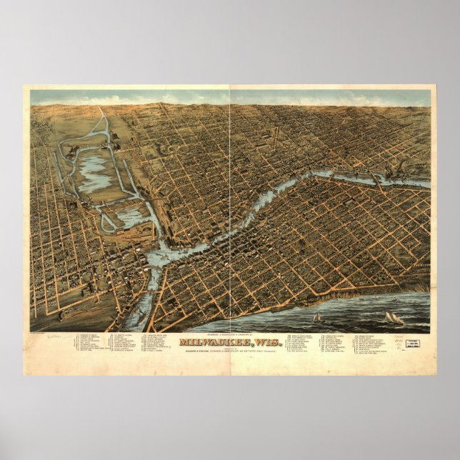 Pôster Mapa Pictórico Vintage de Milwaukee (1872) (Frente)