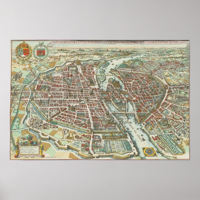 Pôster Mapa Pictórico Vintage de Paris (1615) (Frente)