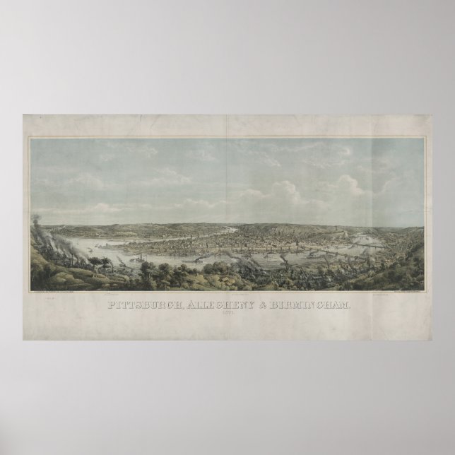 Poster Mapa Pictórico Vintage de Pittsburgh PA (1871) (Frente)