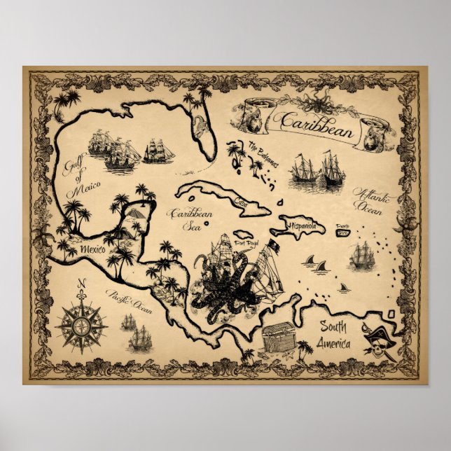Pôster Mapa Pirata do Caribe com Kraken (Frente)