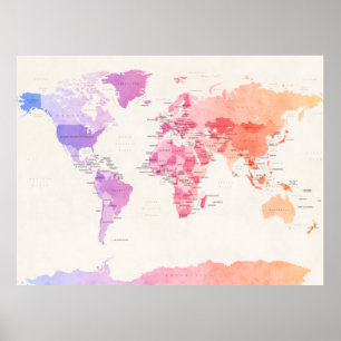 Pôster Mapa político da Aquarela do mundo
