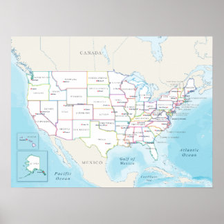 Poster Mapa político dos Estados Unidos com capitais.