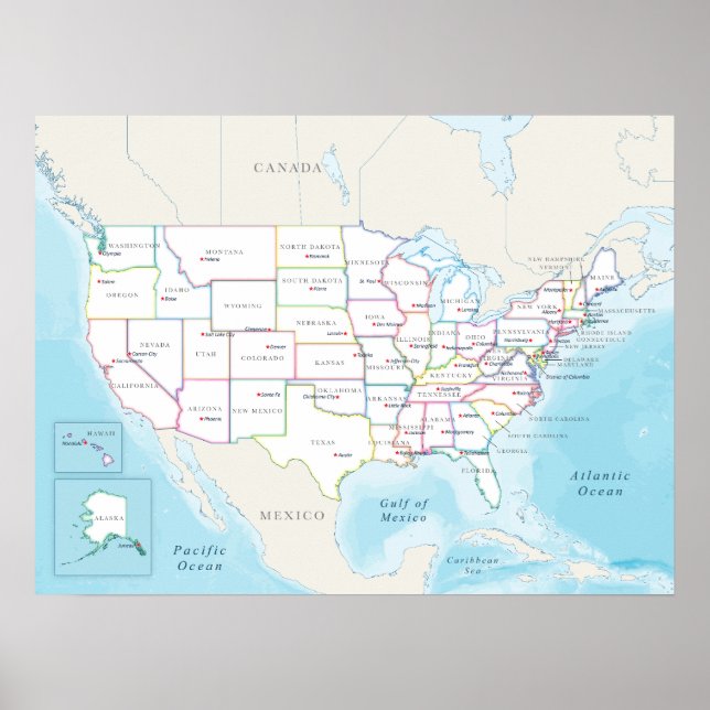 Poster Mapa político dos Estados Unidos com capitais. (Frente)