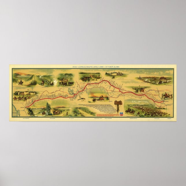 Poster Mapa Pony Express de William Henry Jackson 1861 (Frente)